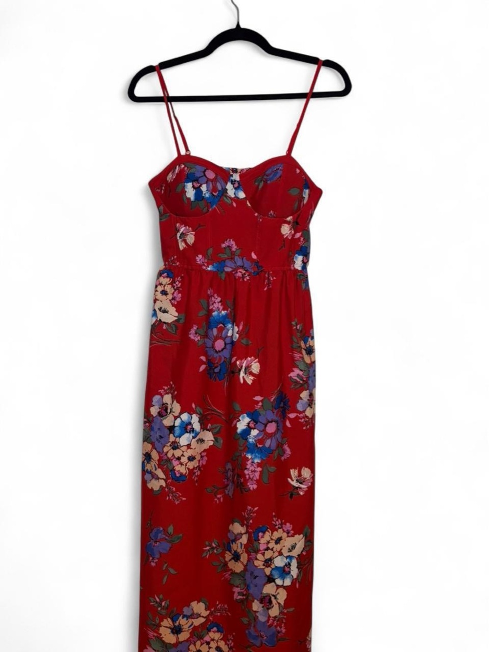 Floral Red Maxi Dress with Spaghetti Straps